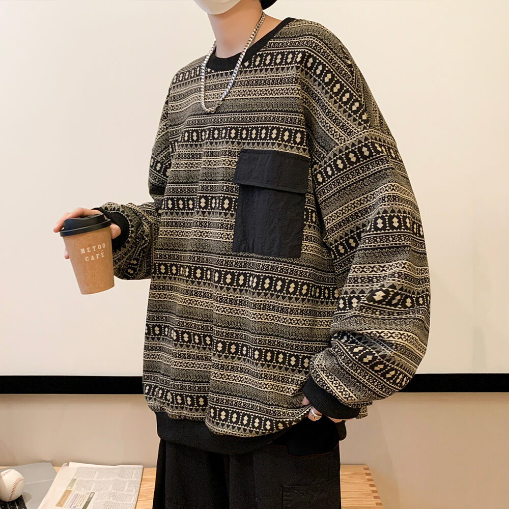 Retro Sweater for Boys Oversize Hong Kong Style Loose Fashion Brand High Street Top Design Sense Spring and Autumn T-shirt Long Sleeve