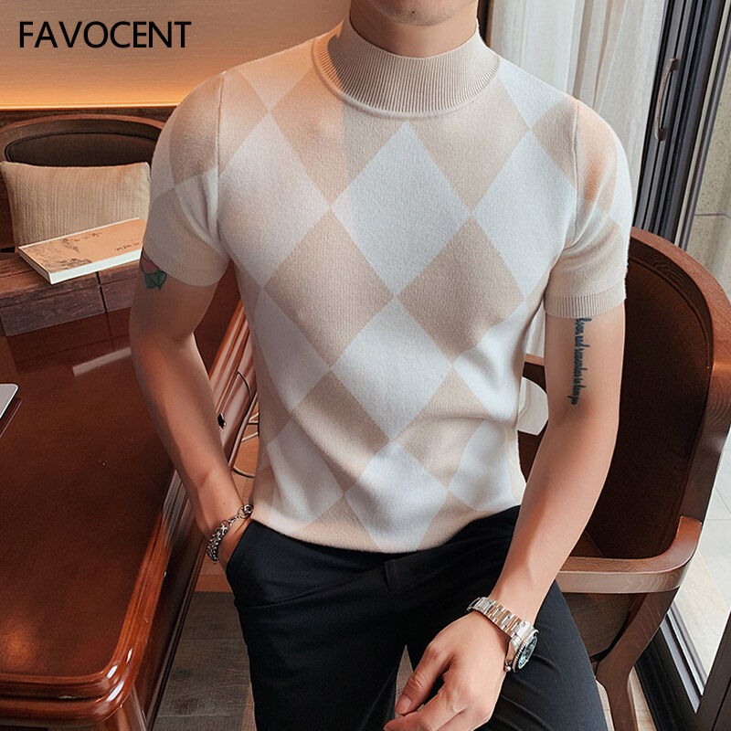 FAVOCENT Men Slim Half Turtleneck Sweater Autumn Winter Short Sleeve Plaid Knit T-Shirt