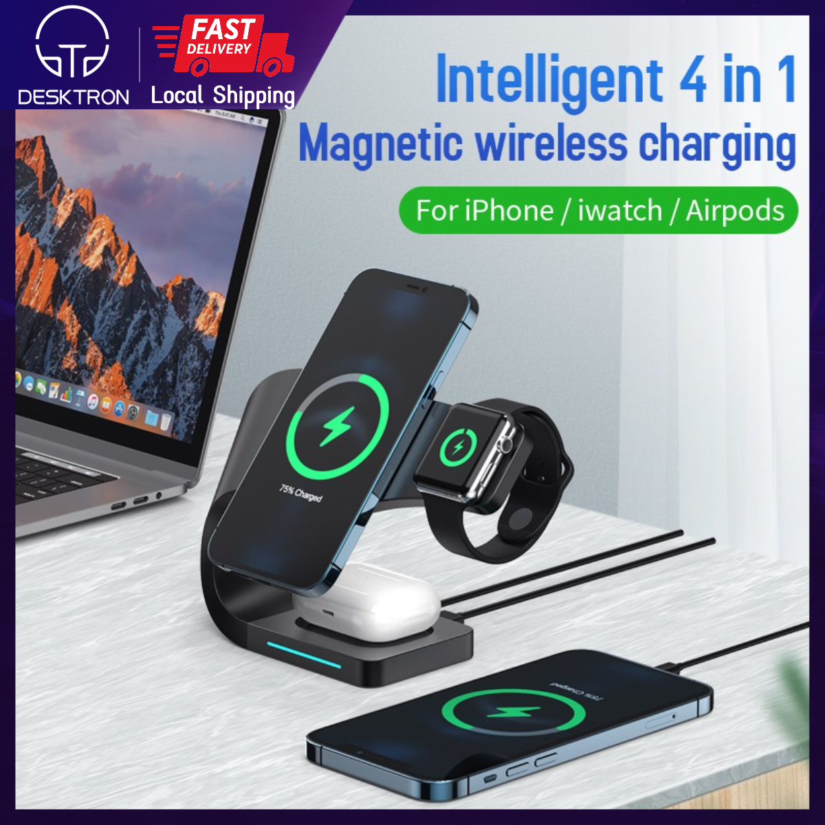 DESKTRON 4-IN-1 Magnetic Wireless Charger, 15W QI Fast Charge iPhone Wireless Charging Dock with Magsafe Magnetic Function Home/Office Desk Organizer for For iPHONE Airpods iWatch
