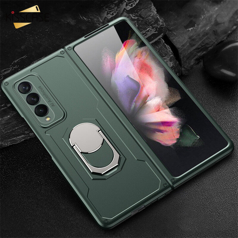 KISSCASE Suitable for Samsung Galaxy Z Fold 3 All-inclusive Mobile Phone Camera Metal Ring with Ring Bracket Shockproof Foldable Mobile Phone Case