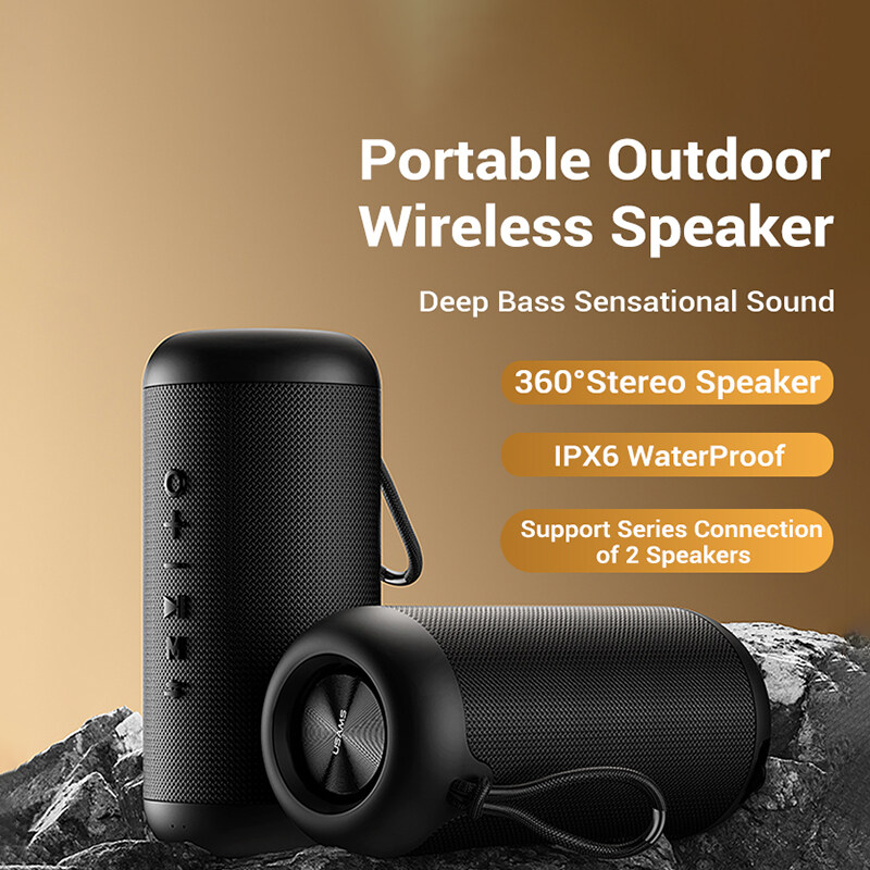 USAMS Wireless Portable Speaker Bluetooth5.0 360°3D Stereo Sound Deep Bass Music Surround External Speaker Support series Connection of 2 Speakers Music Player