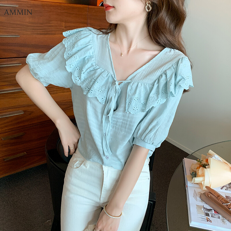 AMMIN Sweet short-sleeved chiffon shirt 2021 summer new Korean version of all-match V-neck lace with ruffled hollow stitching lantern sleeve blouse tops