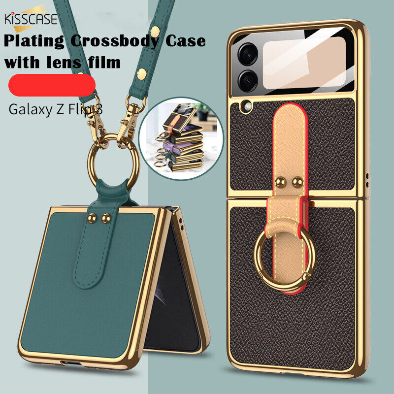 [ Ring+Tempered Glass+ Chain ]KISSCASE for Samsung Z Flip 4 Flip3 Leather Case 360 Full Protection Tempered Glass Phone Case for Samsung Galaxy Z Flip4 Flip3 Phone Case