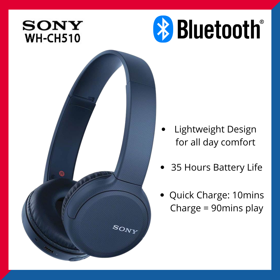 Sony WH-CH510 Wireless Headphones | on-ear | lightweight | 35 hours play time | Bluetooth | Quick charge | hands-free calling and voice assistant