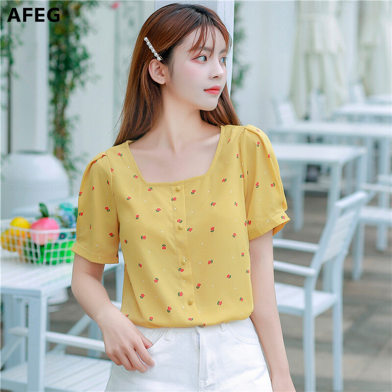 AFEG Korean style women's short-sleeved square collar printed temperament blouse for women